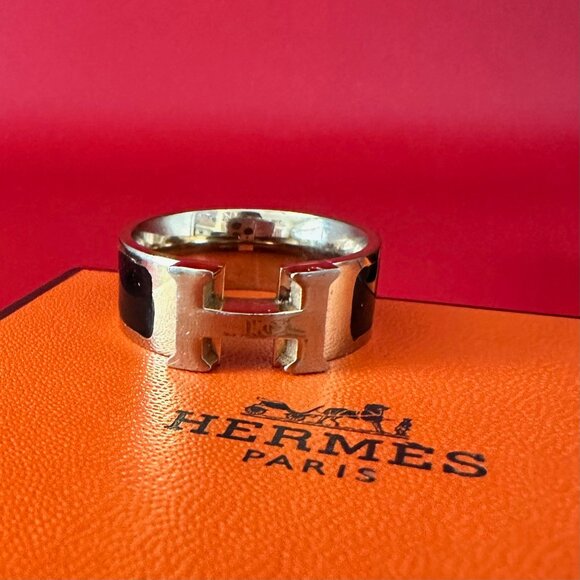 Hermes Black Enamel Gold Tone Clic Clac H Band Ring Size 8 1/4 - Picture 10 of 13
